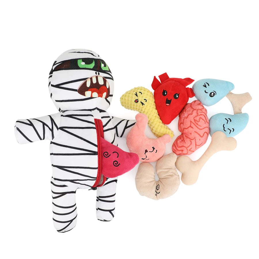 Spooky Mummy Plush Pet Toy Set: Halloween Fun for Dogs - Includes Mummy, Heart, Bone, And Brain Toys