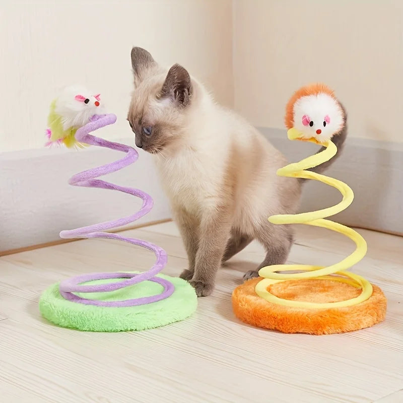 1 PCS Cat  spring toy color mouse teasing cat toy plush spring cat interactive toy feather self-hilarious toy